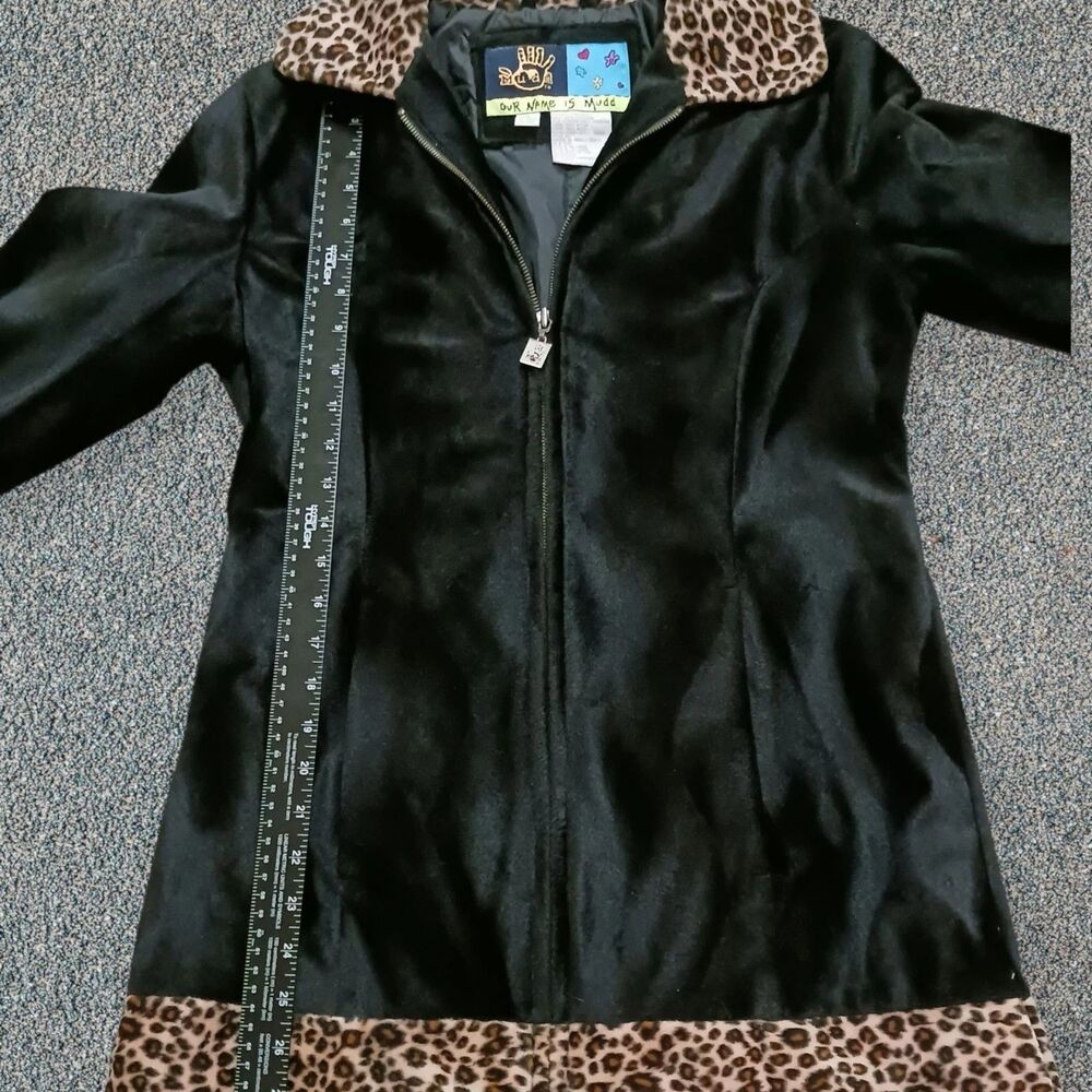 Mudd Women's Black Faux Fur Leopard Print Trim Full Zip Coat Jacket Y2K Small - Picture 6 of 10